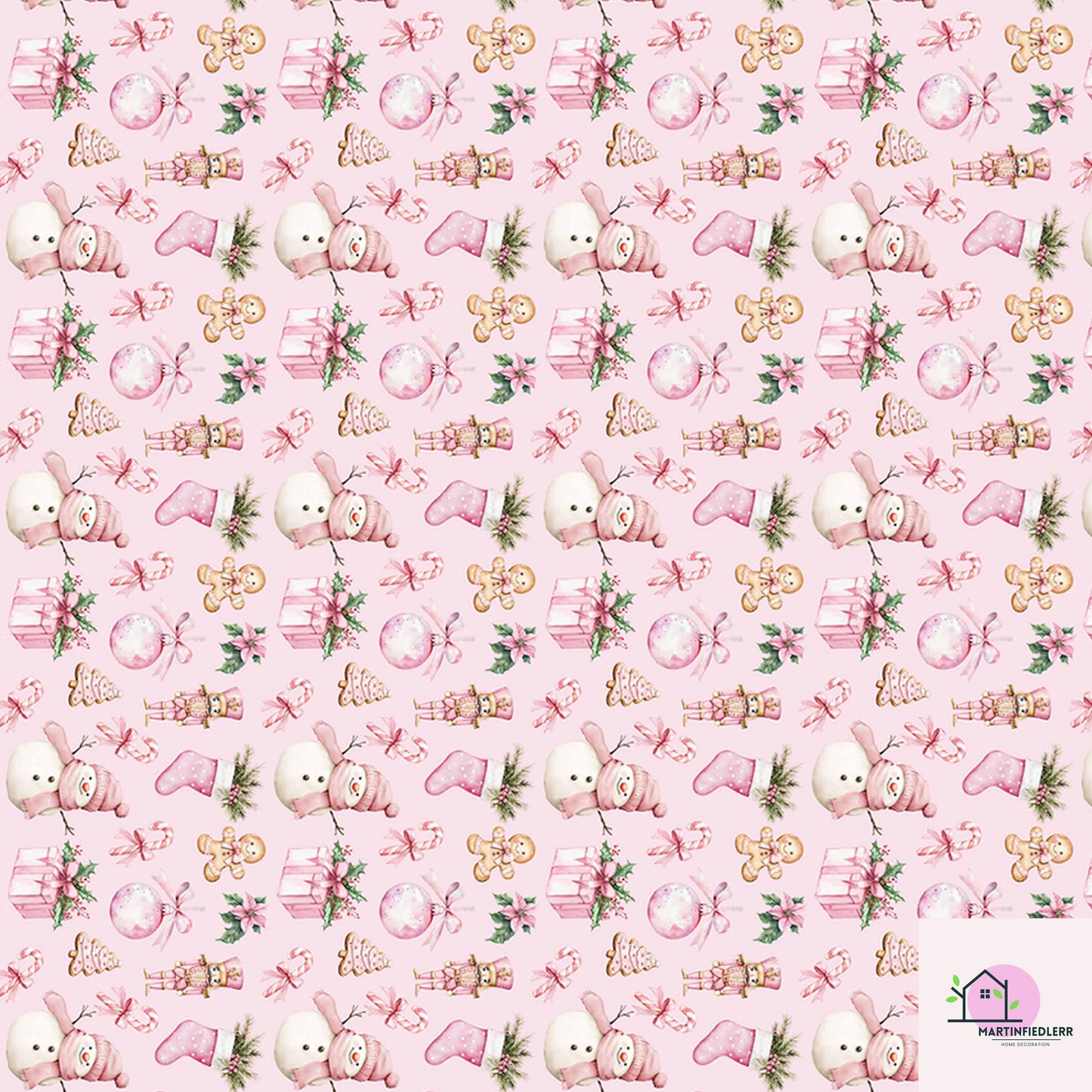 Pink Christmas Wrapping Paper: Snowman & Gingerbread Design