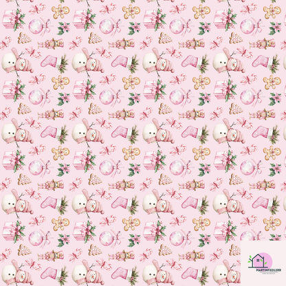 Pink Christmas Wrapping Paper: Snowman & Gingerbread Design