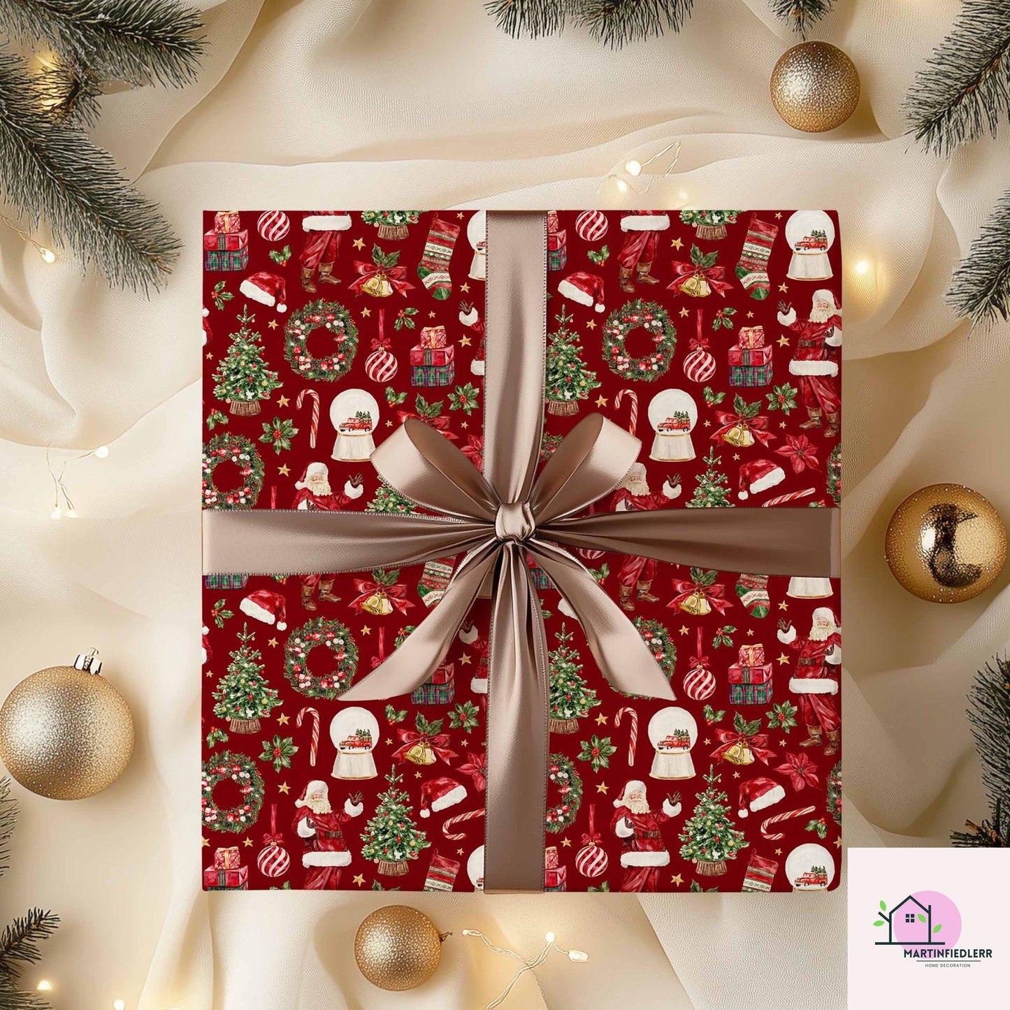 Santa Claus Christmas Wrapping Paper, Red Holiday Gift Wrap Sheets with Wreath Tree and Stockings, Festive Xmas Party Gift Packaging
