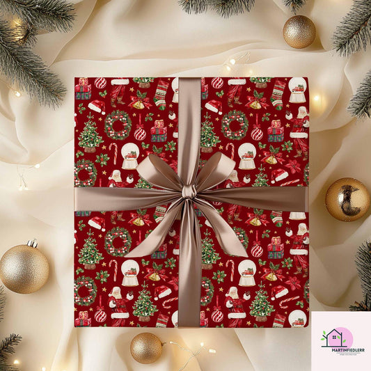Santa Claus Christmas Wrapping Paper, Red Holiday Gift Wrap Sheets with Wreath Tree and Stockings, Festive Xmas Party Gift Packaging