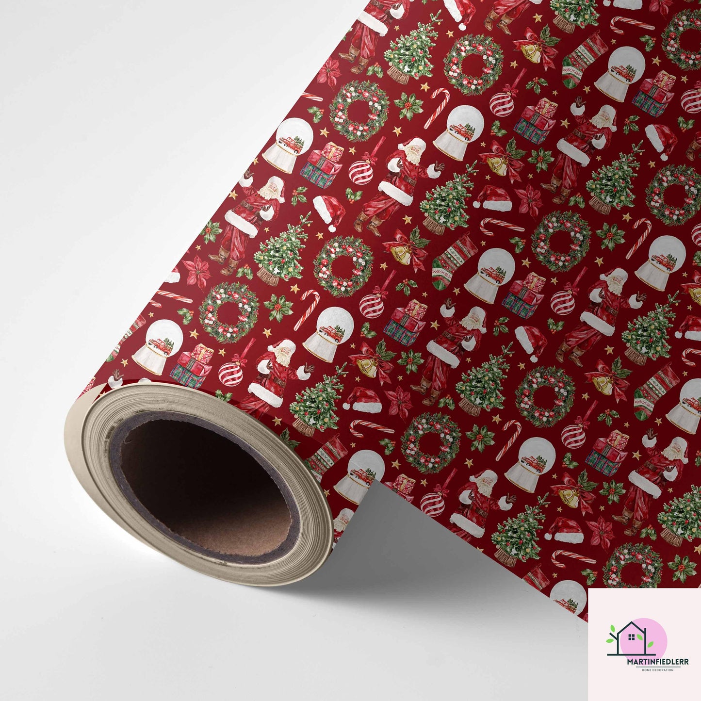 Santa Claus Christmas Wrapping Paper, Red Holiday Gift Wrap Sheets with Wreath Tree and Stockings, Festive Xmas Party Gift Packaging