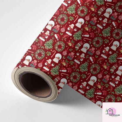 Santa Claus Christmas Wrapping Paper, Red Holiday Gift Wrap Sheets with Wreath Tree and Stockings, Festive Xmas Party Gift Packaging