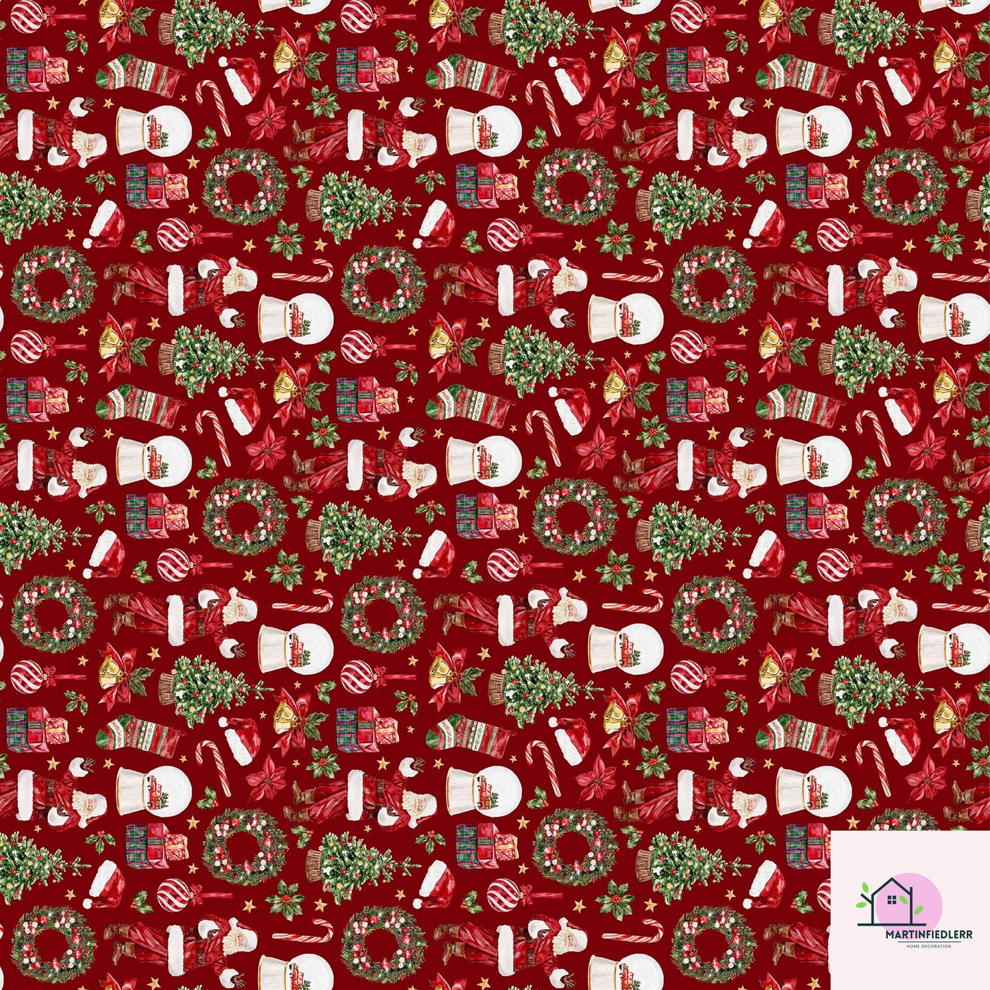 Santa Claus Christmas Wrapping Paper, Red Holiday Gift Wrap Sheets with Wreath Tree and Stockings, Festive Xmas Party Gift Packaging