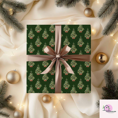 Green Christmas Wrapping Paper: Vintage Tree in Basket Design