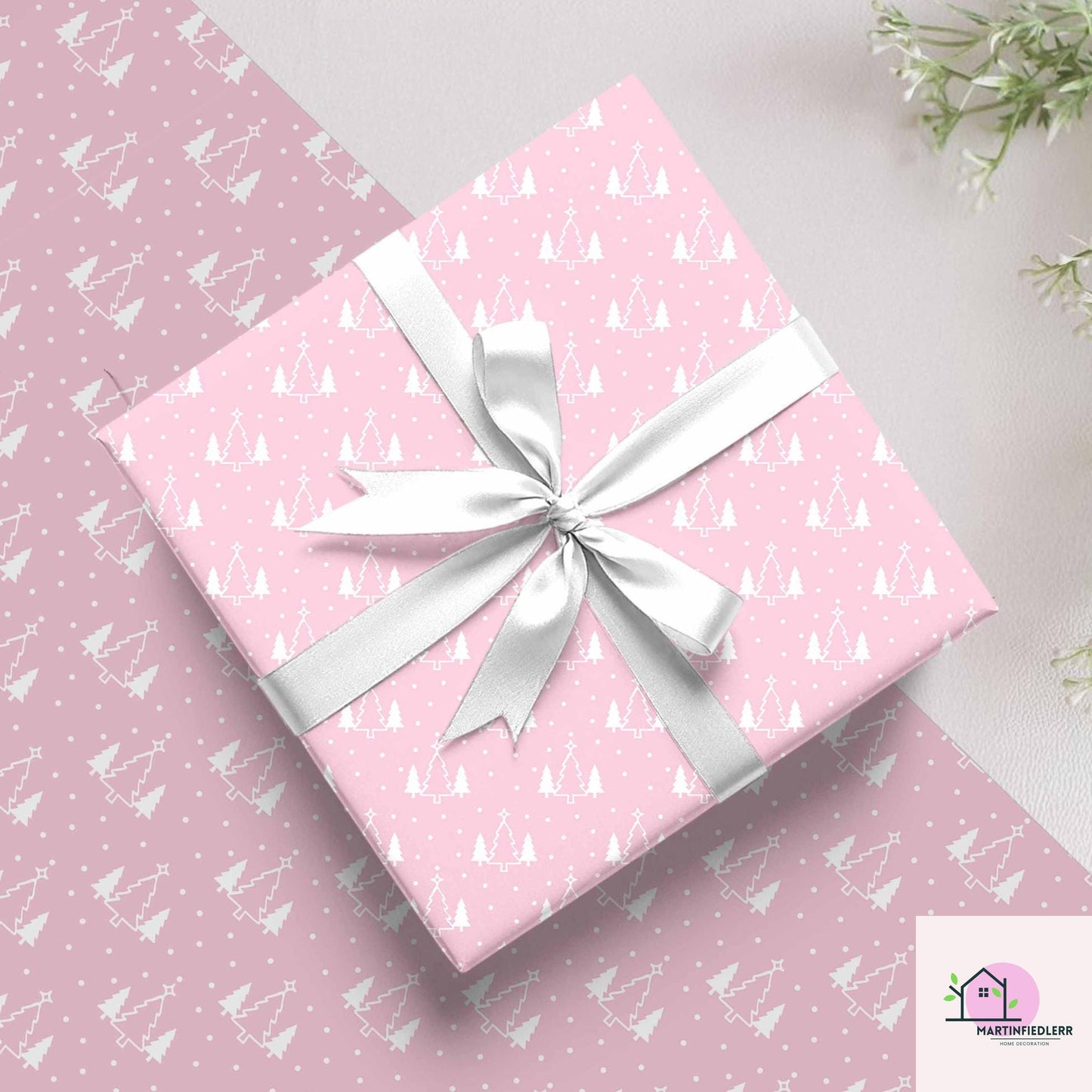 Pink Christmas Wrapping Paper, White Snowy Tree Holiday Gift Wrap Sheets, Cute Pastel Xmas Packaging for Winter Party, Festive Gift Wrap