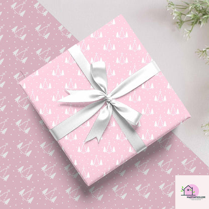 Pink Christmas Wrapping Paper, White Snowy Tree Holiday Gift Wrap Sheets, Cute Pastel Xmas Packaging for Winter Party, Festive Gift Wrap