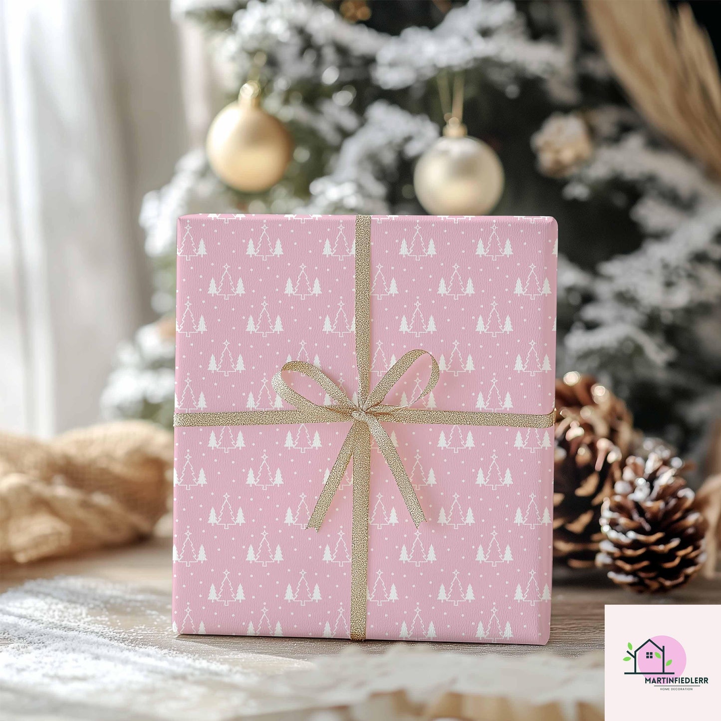 Pink Christmas Wrapping Paper, White Snowy Tree Holiday Gift Wrap Sheets, Cute Pastel Xmas Packaging for Winter Party, Festive Gift Wrap