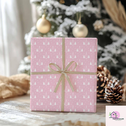 Pink Christmas Wrapping Paper, White Snowy Tree Holiday Gift Wrap Sheets, Cute Pastel Xmas Packaging for Winter Party, Festive Gift Wrap