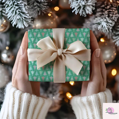 Geometric Christmas Wrapping Paper, Green Tree Holiday Gift Wrap Sheets, Modern Festive Xmas Packaging for Winter Party, Colorful Gift Wrap