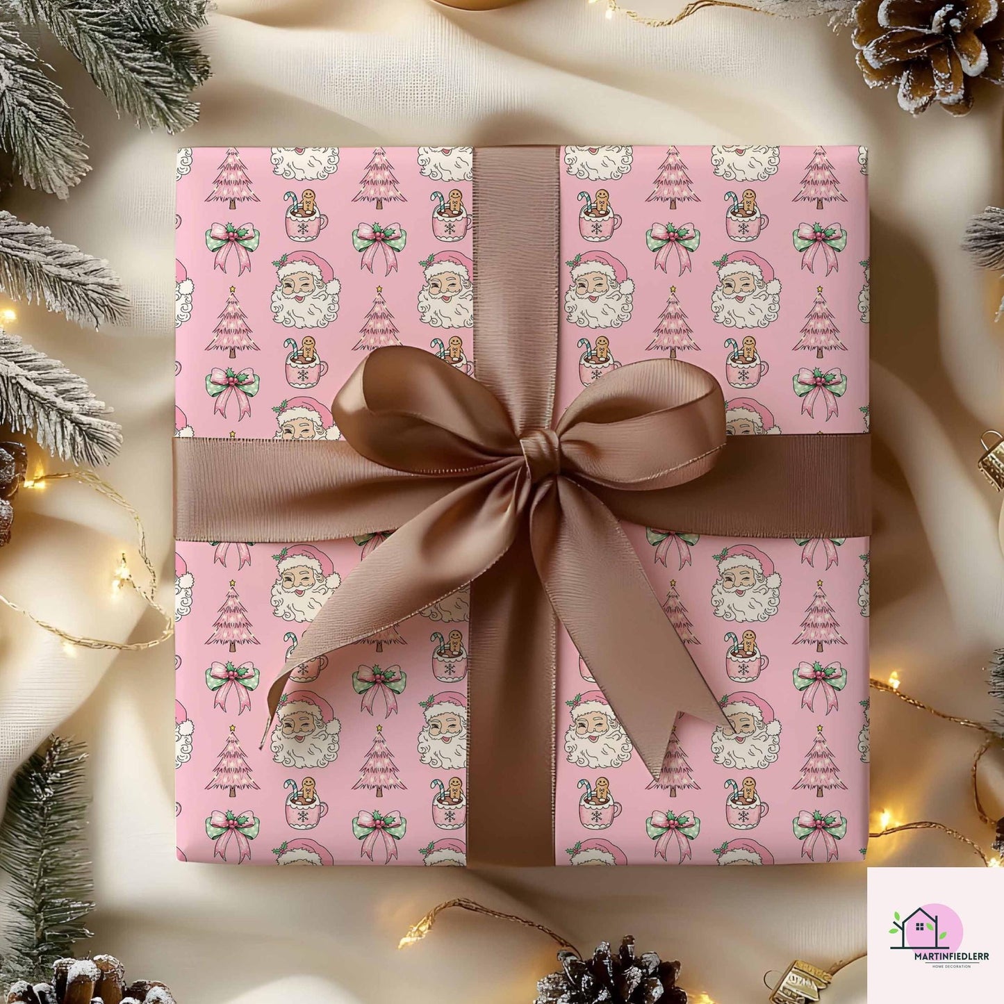 Pink Santa Christmas Wrapping Paper, Holiday Gift Wrap Sheets with Gingerbread Tree and Bow, Festive Xmas Packaging for Kids Birthday Party