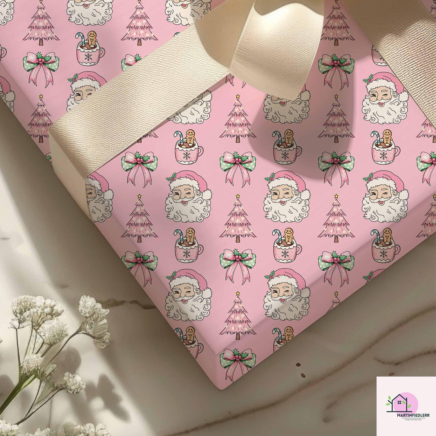 Pink Santa Christmas Wrapping Paper, Holiday Gift Wrap Sheets with Gingerbread Tree and Bow, Festive Xmas Packaging for Kids Birthday Party