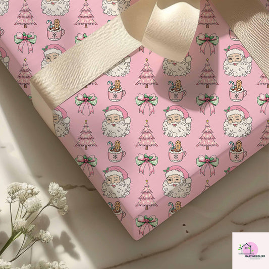 Pink Santa Christmas Wrapping Paper, Holiday Gift Wrap Sheets with Gingerbread Tree and Bow, Festive Xmas Packaging for Kids Birthday Party
