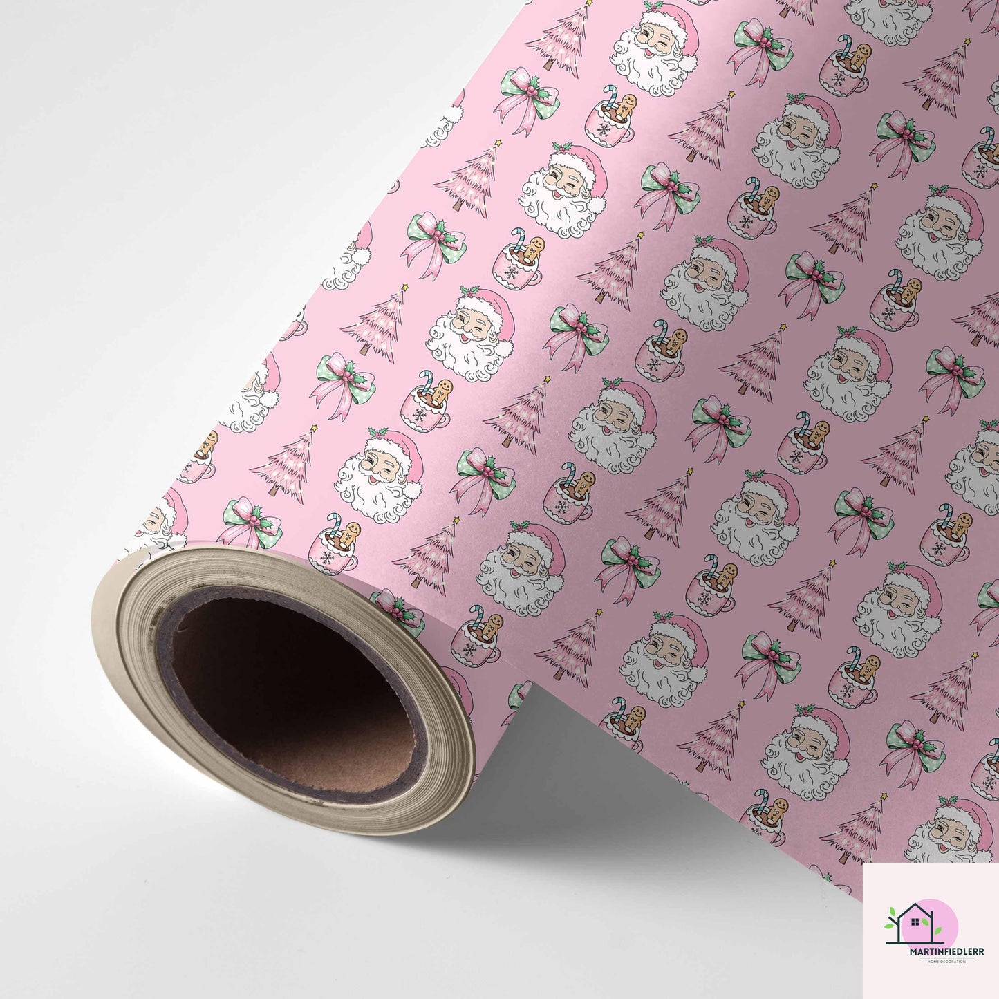 Pink Santa Christmas Wrapping Paper, Holiday Gift Wrap Sheets with Gingerbread Tree and Bow, Festive Xmas Packaging for Kids Birthday Party