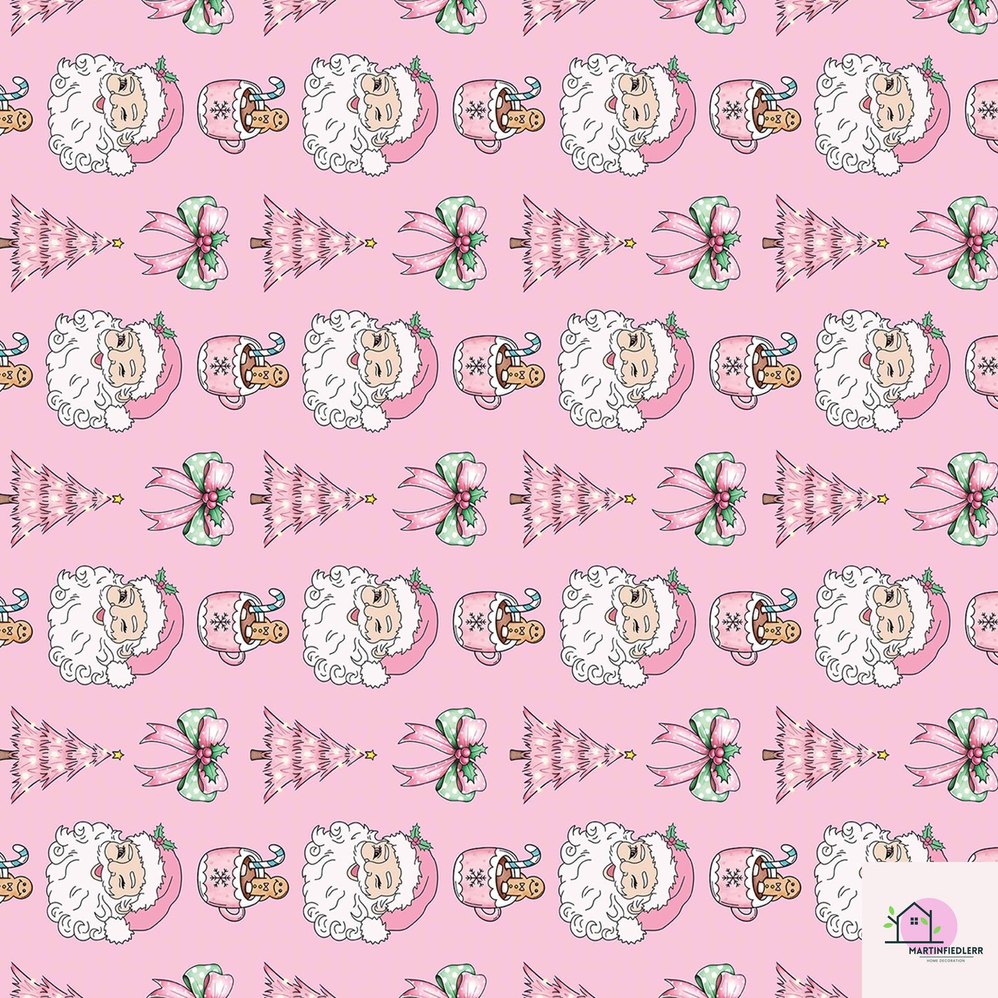 Pink Santa Christmas Wrapping Paper, Holiday Gift Wrap Sheets with Gingerbread Tree and Bow, Festive Xmas Packaging for Kids Birthday Party