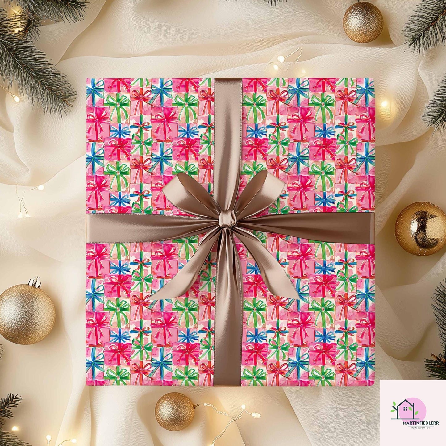 Colorful Gift Box Wrapping Paper: Festive Holiday Pink Ribbon