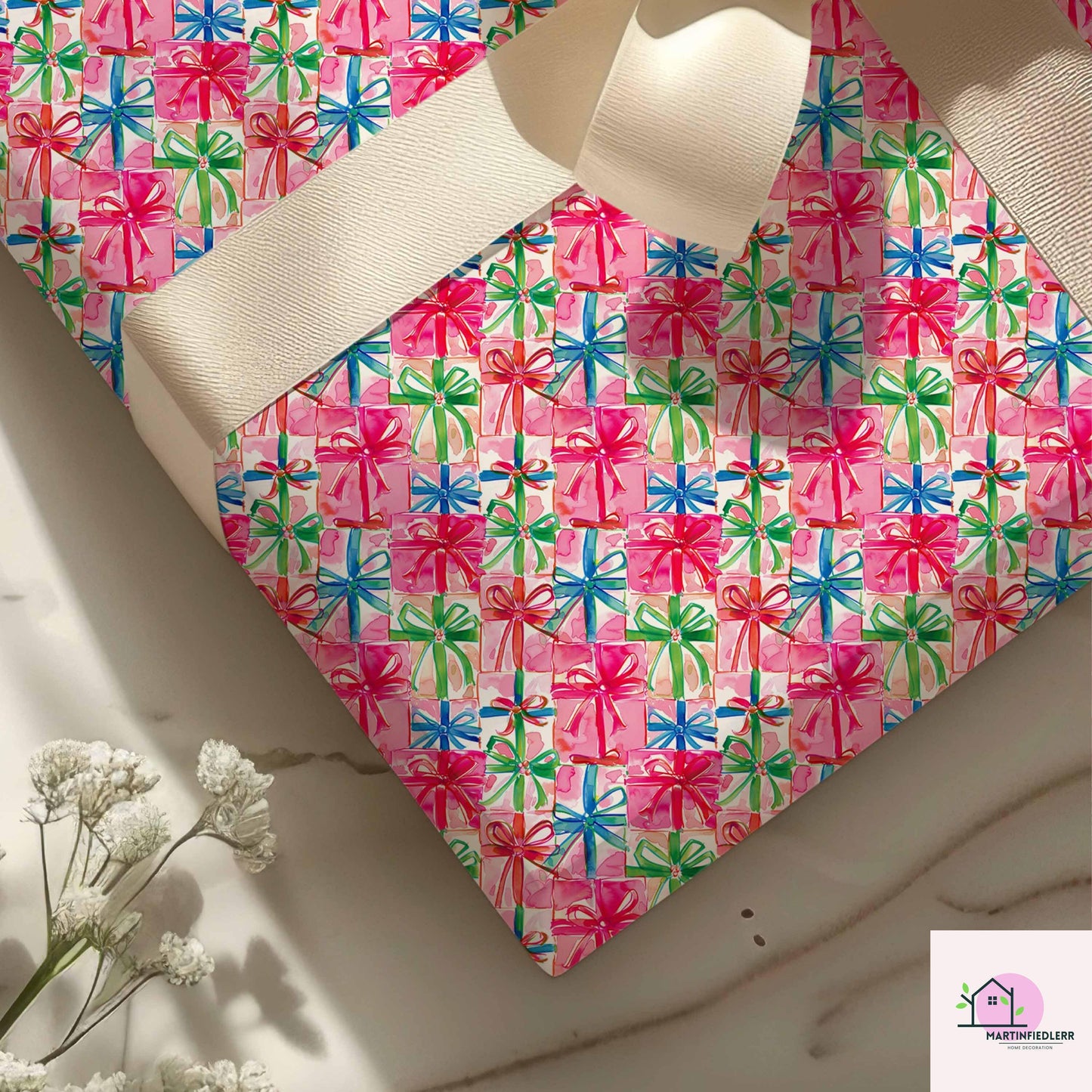 Colorful Gift Box Wrapping Paper: Festive Holiday Pink Ribbon