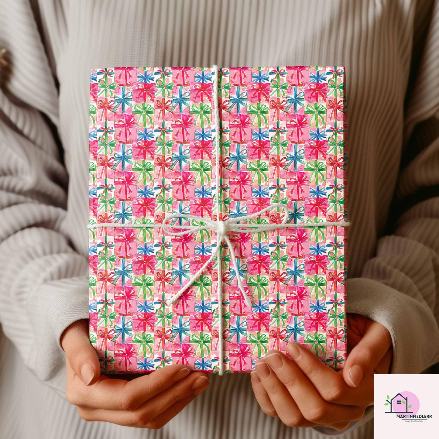 Colorful Gift Box Wrapping Paper: Festive Holiday Pink Ribbon