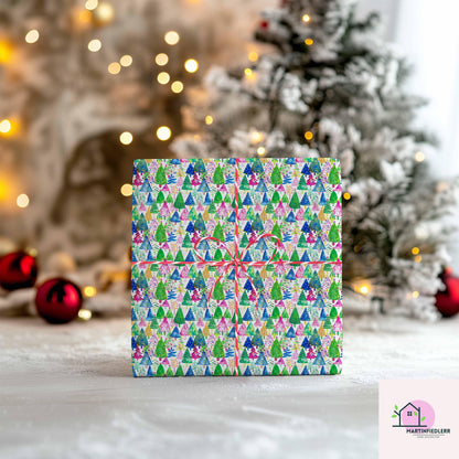 Colorful Christmas Tree Wrapping Paper, Bright Holiday Gift Wrap Sheets, Festive Xmas Tree Packaging, Multicolor Party Celebration Gift Wrap