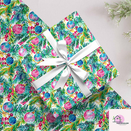 Bauble Christmas Wrapping Paper: Pink & Blue Ornament Festive Gift Wrap