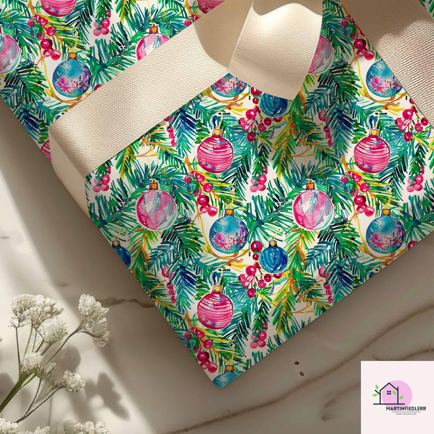 Bauble Christmas Wrapping Paper: Pink & Blue Ornament Festive Gift Wrap