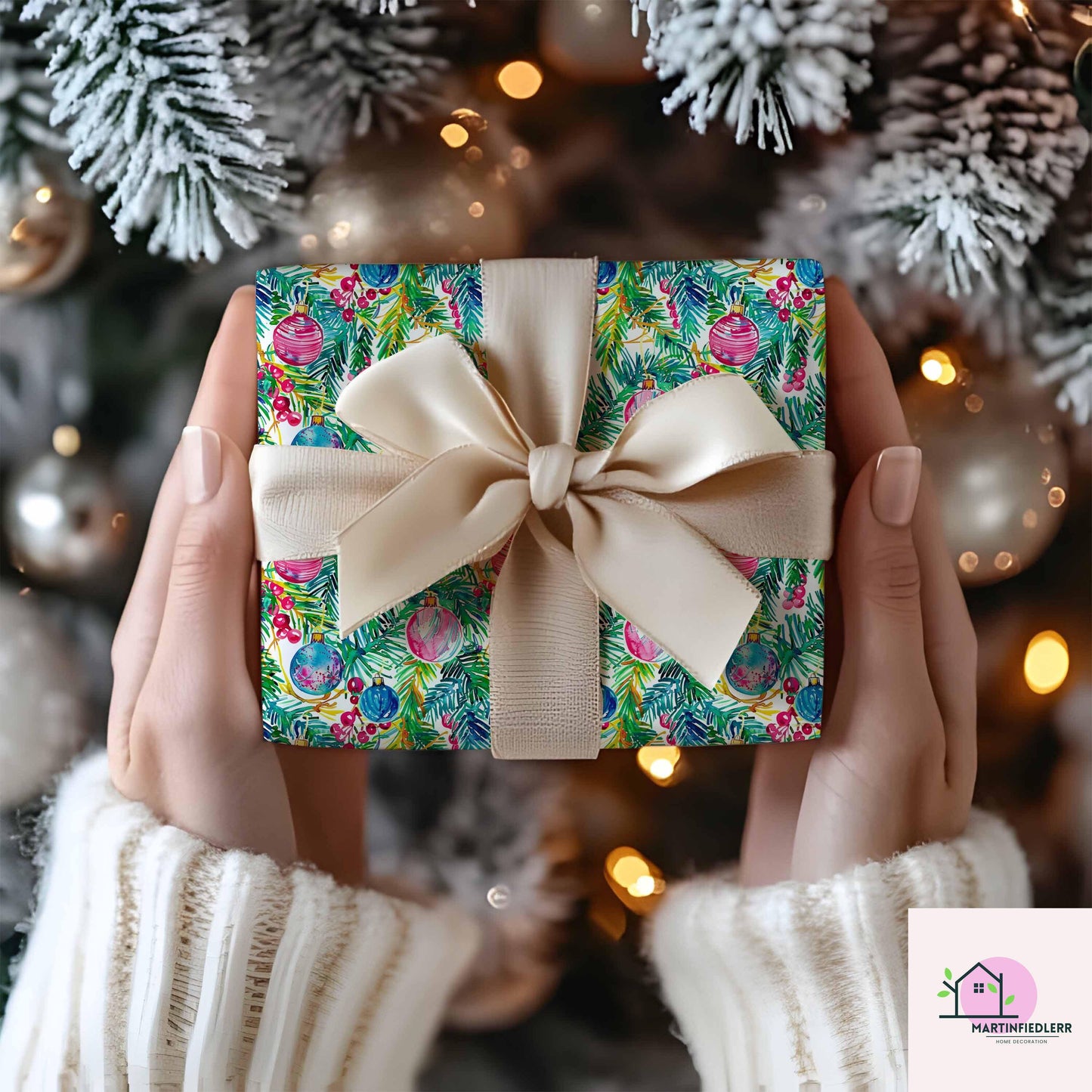 Bauble Christmas Wrapping Paper: Pink & Blue Ornament Festive Gift Wrap