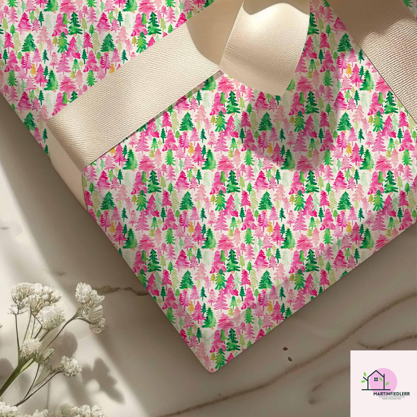 Pink Green Tree Christmas Wrapping Paper, Watercolor Holiday Gift Wrap Sheets, Festive Xmas Forest Packaging, Cute Winter Party Gift Wrap