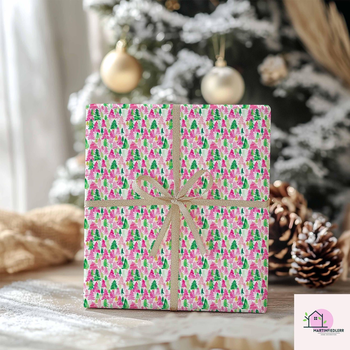 Pink Green Tree Christmas Wrapping Paper, Watercolor Holiday Gift Wrap Sheets, Festive Xmas Forest Packaging, Cute Winter Party Gift Wrap
