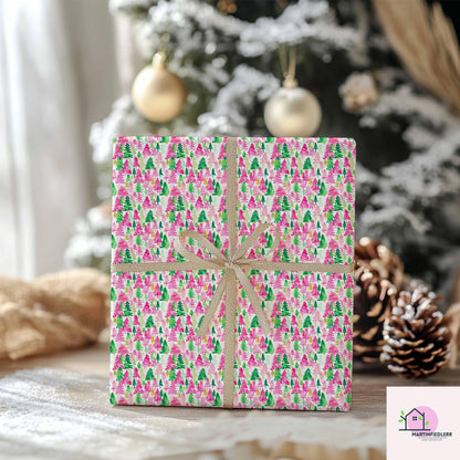 Pink Green Tree Christmas Wrapping Paper, Watercolor Holiday Gift Wrap Sheets, Festive Xmas Forest Packaging, Cute Winter Party Gift Wrap