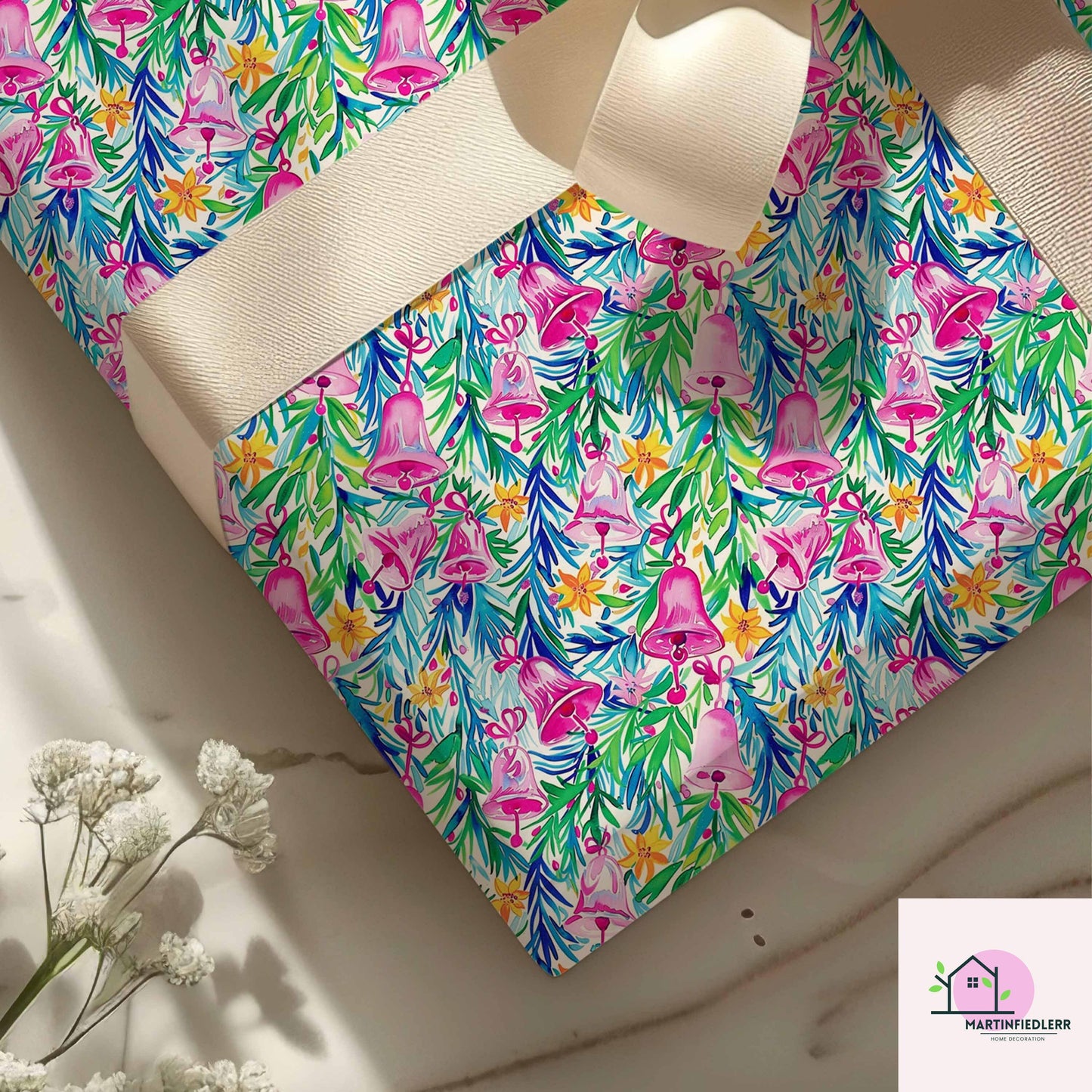 Pink Bell Christmas Wrapping Paper, Festive Holiday Gift Wrap Sheets with Green Leaves, Watercolor Xmas Bells Packaging, Winter Gift Wrap