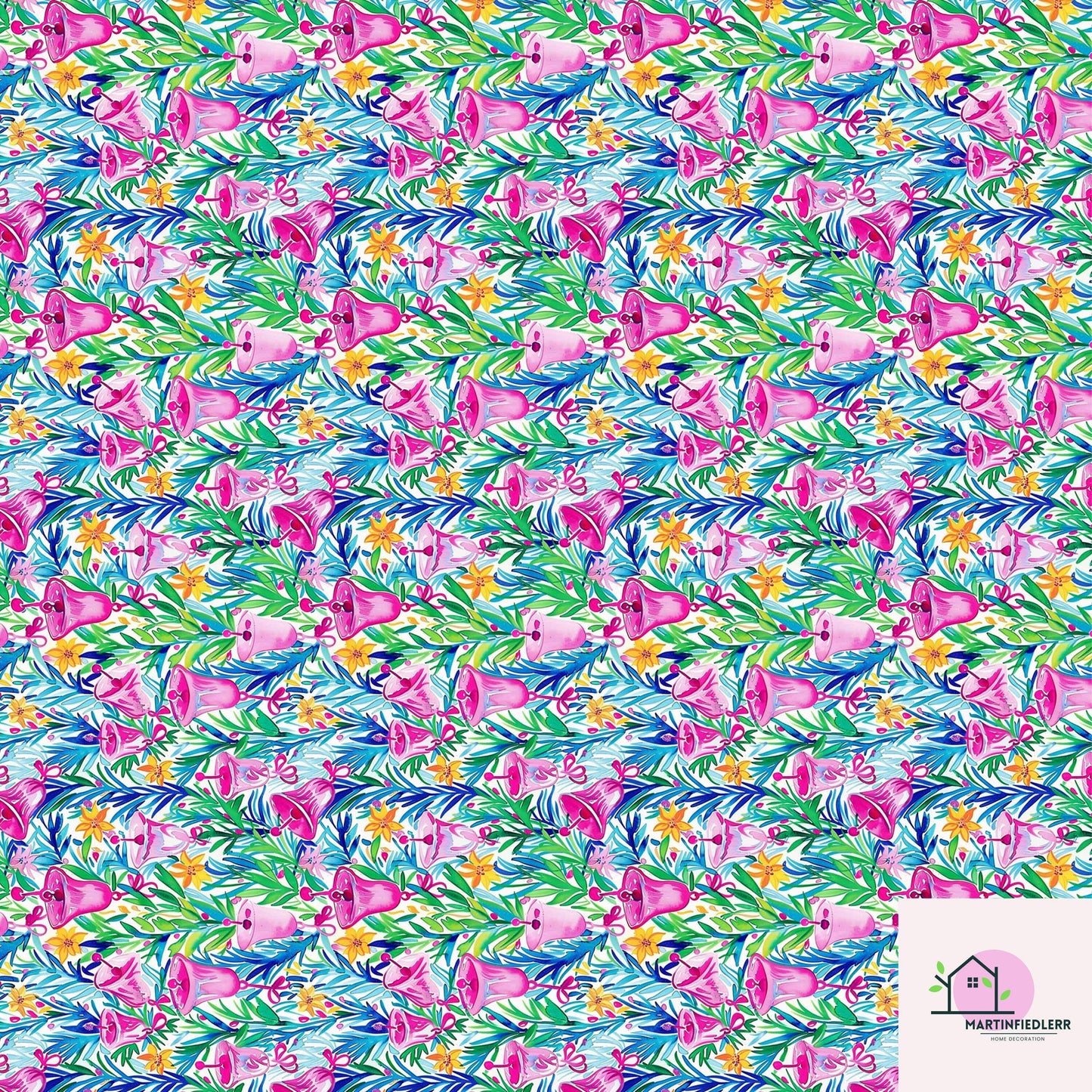 Pink Bell Christmas Wrapping Paper, Festive Holiday Gift Wrap Sheets with Green Leaves, Watercolor Xmas Bells Packaging, Winter Gift Wrap