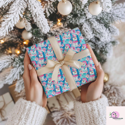 Snowman Christmas Wrapping Paper, Cute Pink Blue Holiday Gift Wrap Sheets, Festive Winter Wonderland Xmas Packaging, Seasonal Gift Wrap
