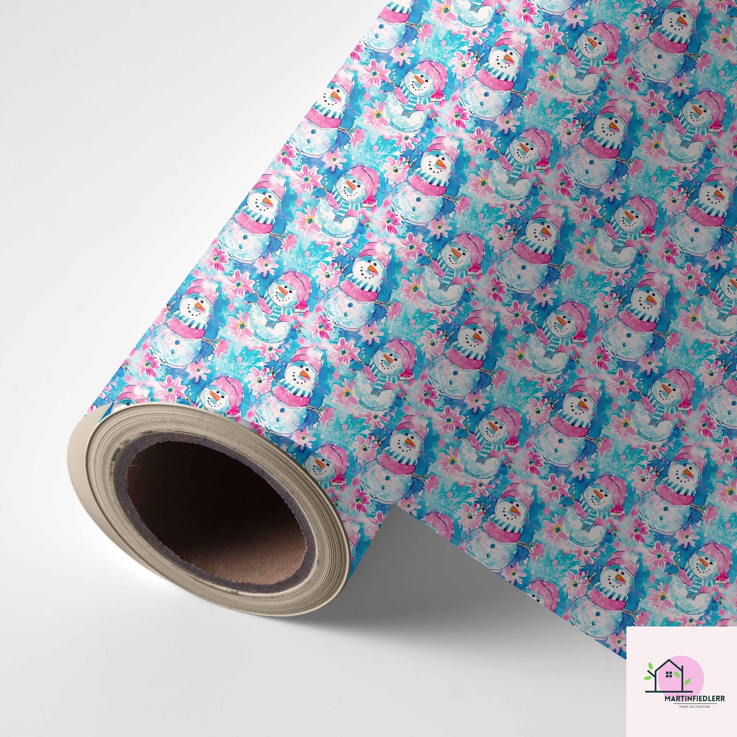 Snowman Christmas Wrapping Paper, Cute Pink Blue Holiday Gift Wrap Sheets, Festive Winter Wonderland Xmas Packaging, Seasonal Gift Wrap