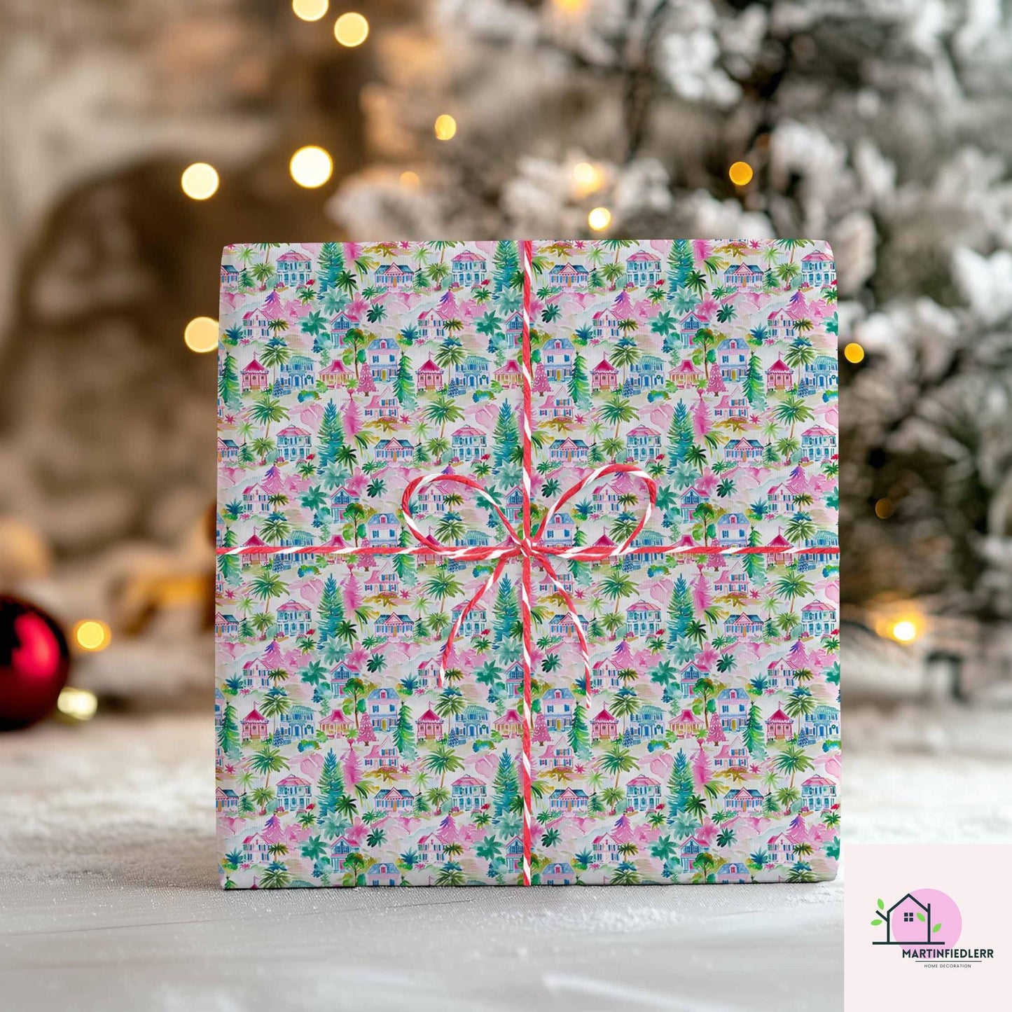 Colorful Christmas Wrapping Paper, Festive House Tree Holiday Gift Wrap Sheets, Multicolor Xmas Packaging, Winter Party Gift Wrap