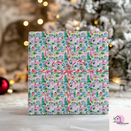 Colorful Christmas Wrapping Paper, Festive House Tree Holiday Gift Wrap Sheets, Multicolor Xmas Packaging, Winter Party Gift Wrap