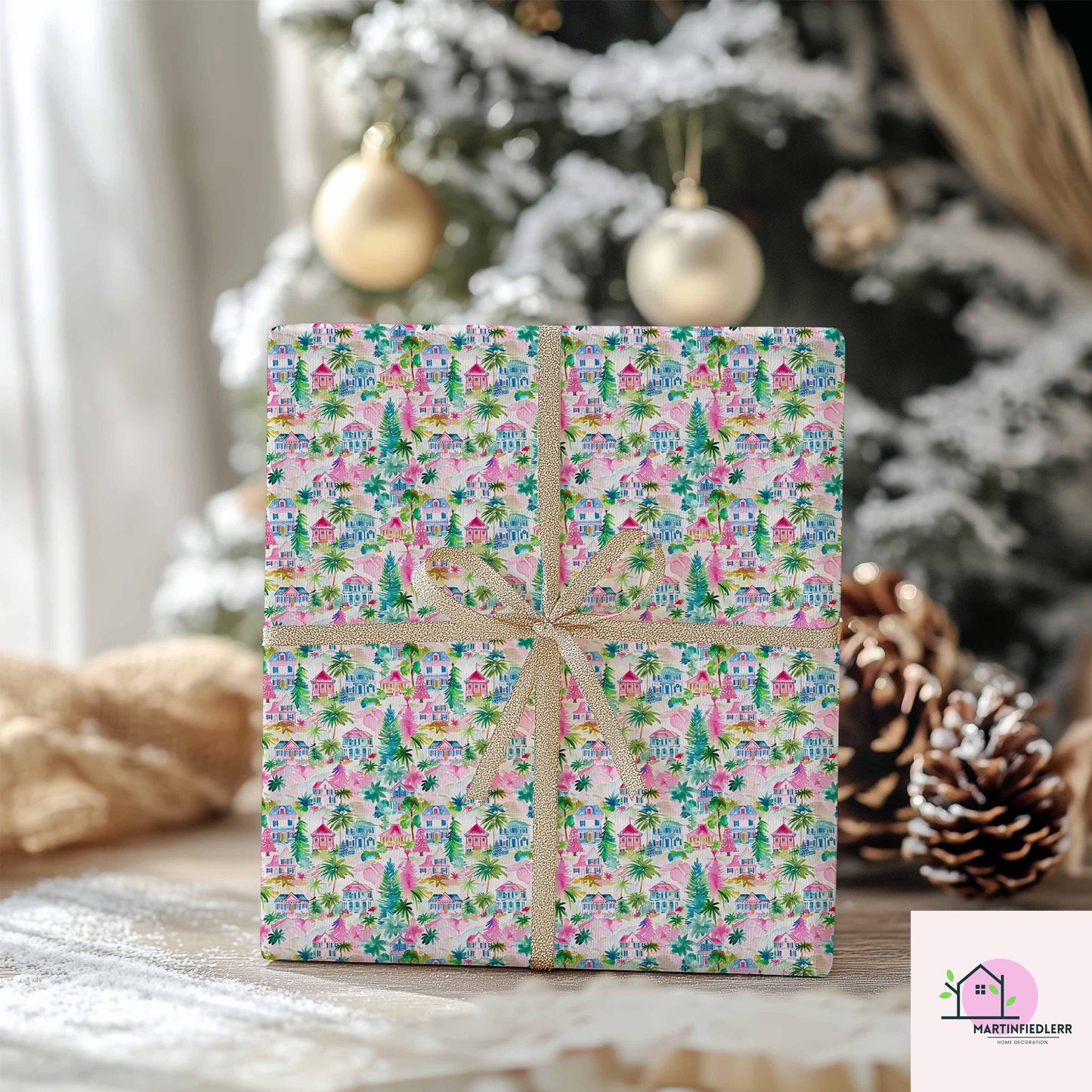 Colorful Christmas Wrapping Paper, Festive House Tree Holiday Gift Wrap Sheets, Multicolor Xmas Packaging, Winter Party Gift Wrap