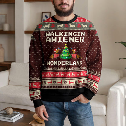 Walking in a Wiener Wonderland Ugly Christmas Sweater, Funny Dachshund Sausage Dog Sweatshirt, Cute Wiener Dog Xmas Gift for Dog Lovers