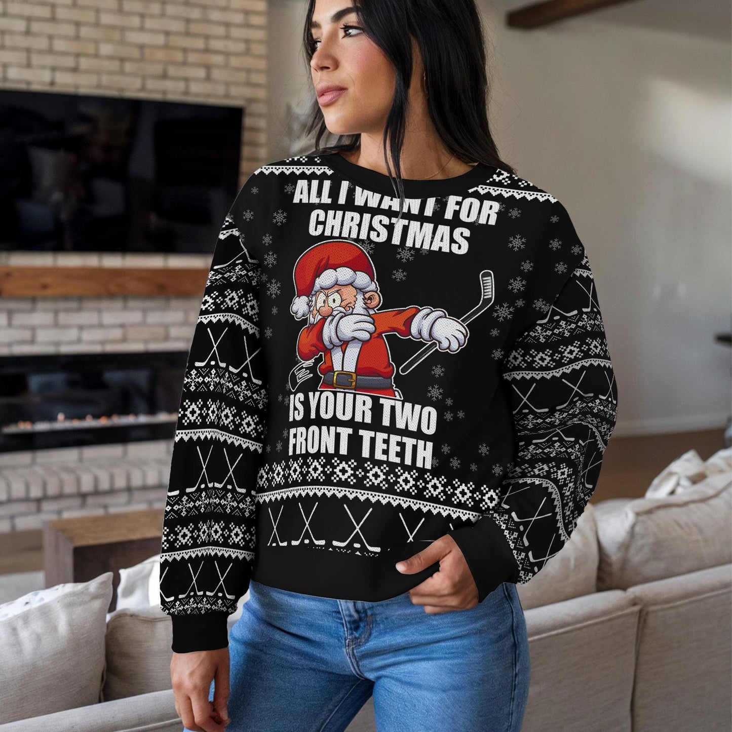 All I Want for Christmas Is Your Two Front Teeth Ugly Christmas Sweater, Funny Hockey Santa Dabbing Sweatshirt, Holiday Party Gift Jumper