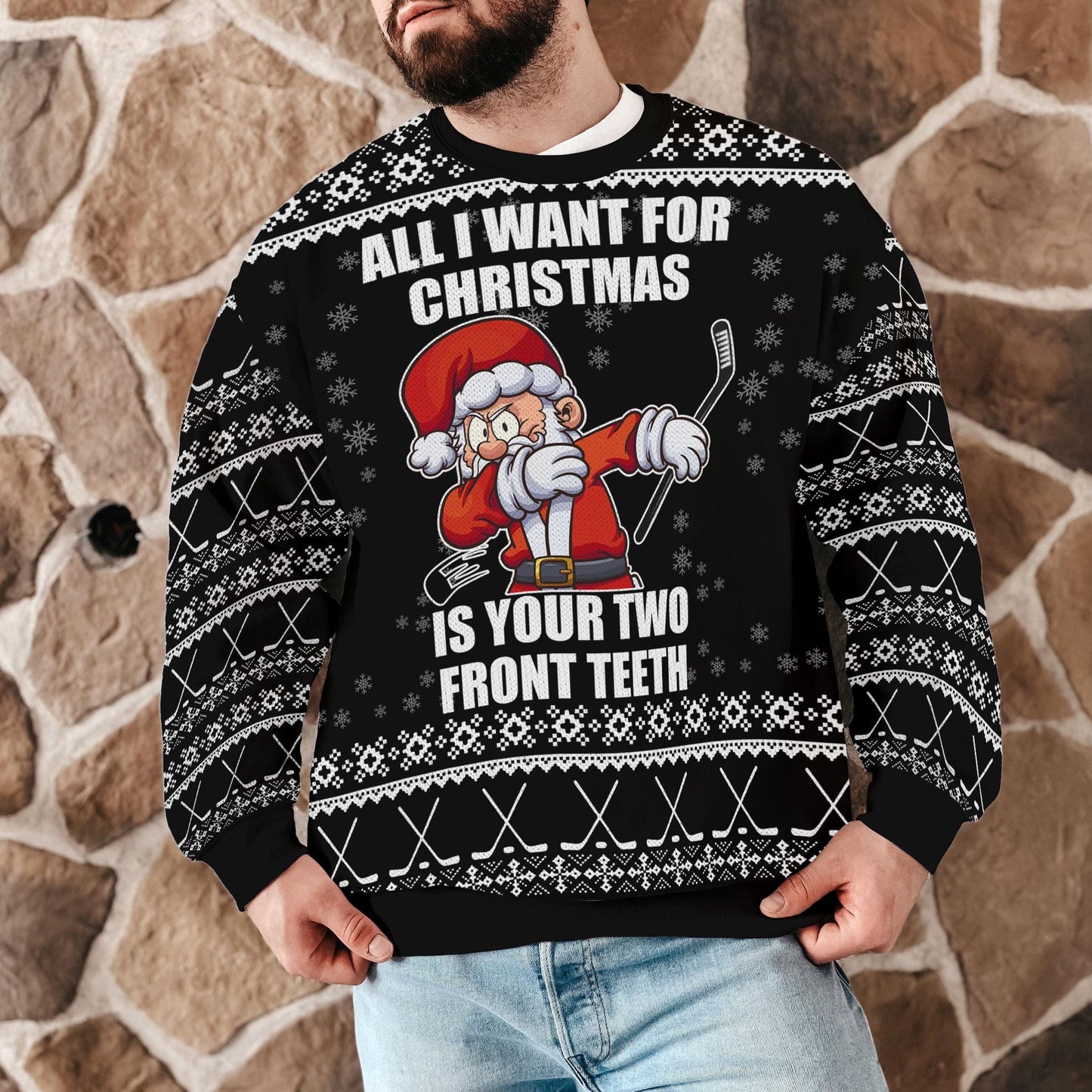 All I Want for Christmas Is Your Two Front Teeth Ugly Christmas Sweater, Funny Hockey Santa Dabbing Sweatshirt, Holiday Party Gift Jumper