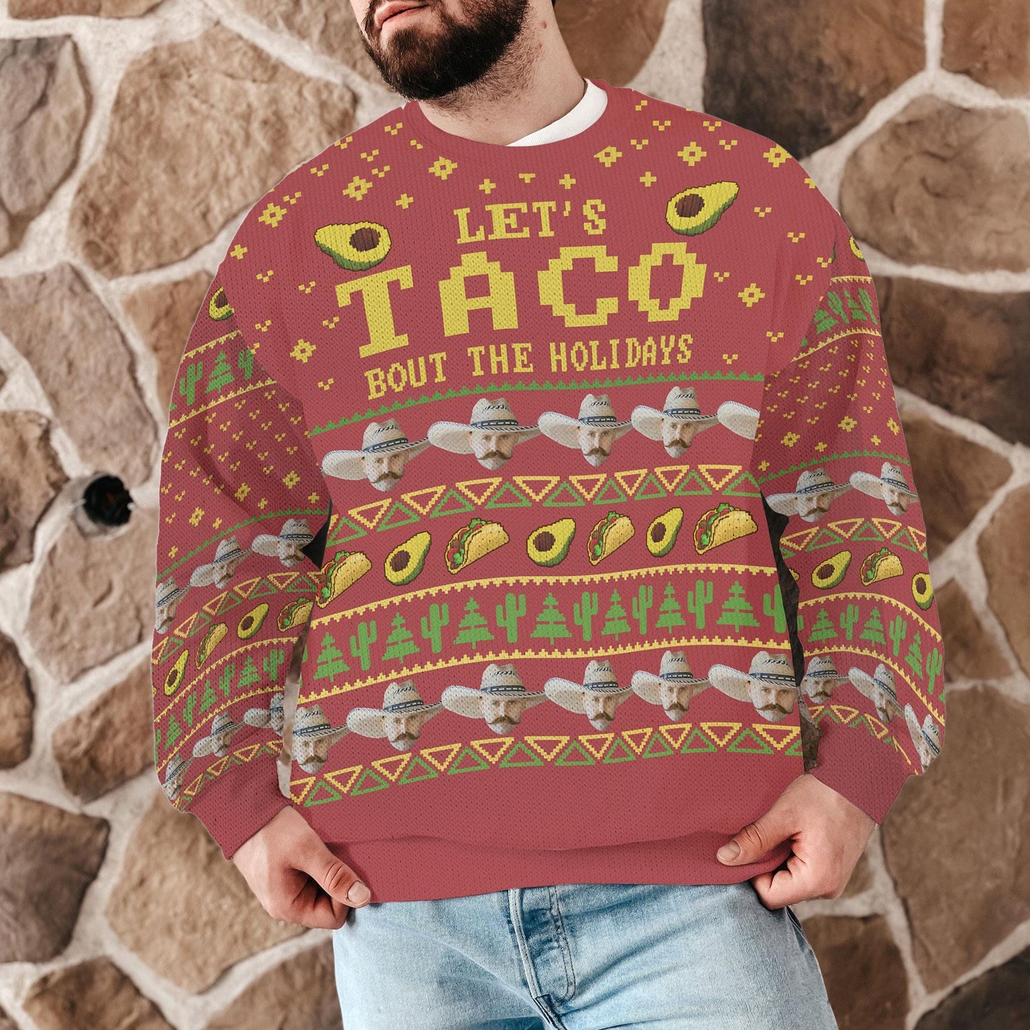 Funny Taco Christmas Sweater, Let’s Taco Bout the Holidays Ugly Xmas Sweatshirt, Festive Unisex Holiday Party Outfit For Food Lovers