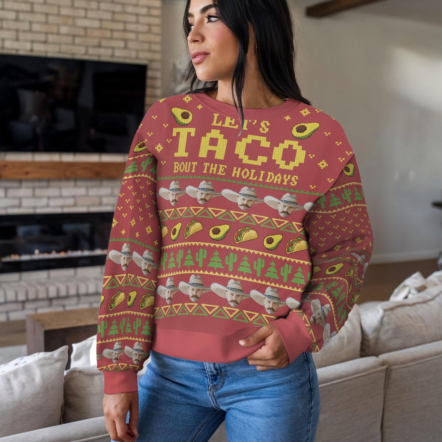 Funny Taco Christmas Sweater, Let’s Taco Bout the Holidays Ugly Xmas Sweatshirt, Festive Unisex Holiday Party Outfit For Food Lovers