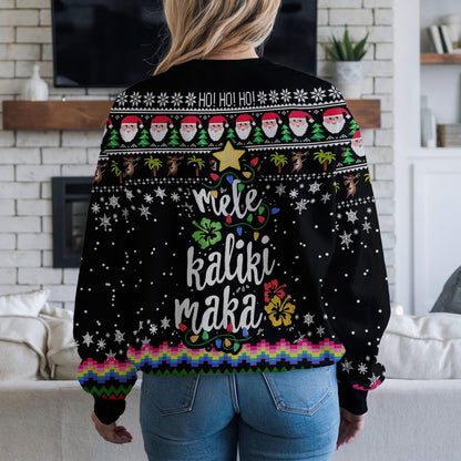 Mele Kalikimaka Christmas Sweater, Hawaiian Santa Ugly Christmas Sweatshirt with Palm Trees and Flamingo, Festive Holiday Party Outfit