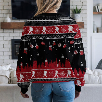 Bigfoot Ugly Christmas Sweater, Funny Sasquatch Squatching Through the Snow Ugly Xmas Sweatshirt, Believe in Bigfoot Holiday Party Outfit