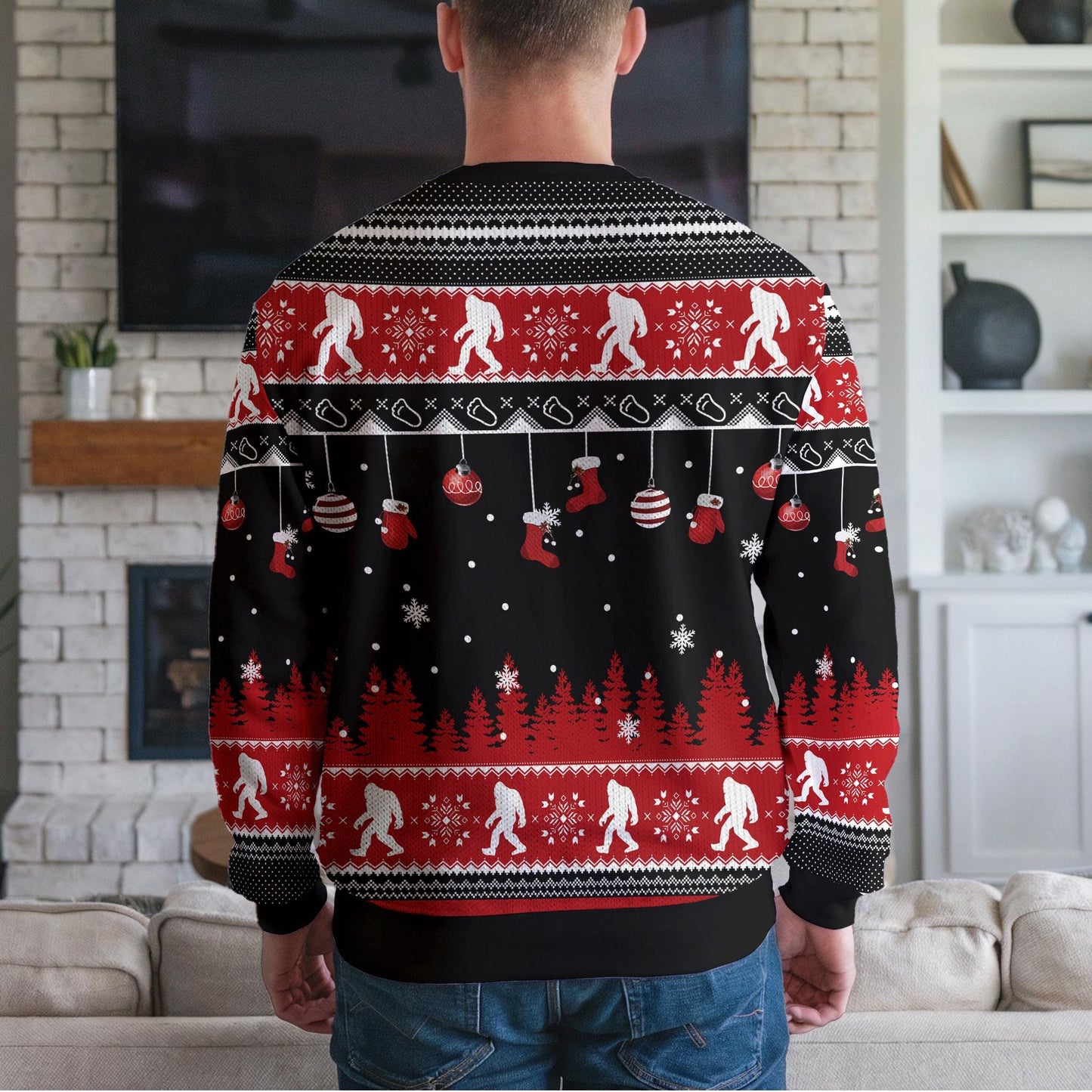 Bigfoot Ugly Christmas Sweater, Funny Sasquatch Squatching Through the Snow Ugly Xmas Sweatshirt, Believe in Bigfoot Holiday Party Outfit