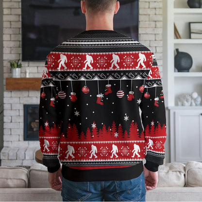 Bigfoot Ugly Christmas Sweater, Funny Sasquatch Squatching Through the Snow Ugly Xmas Sweatshirt, Believe in Bigfoot Holiday Party Outfit