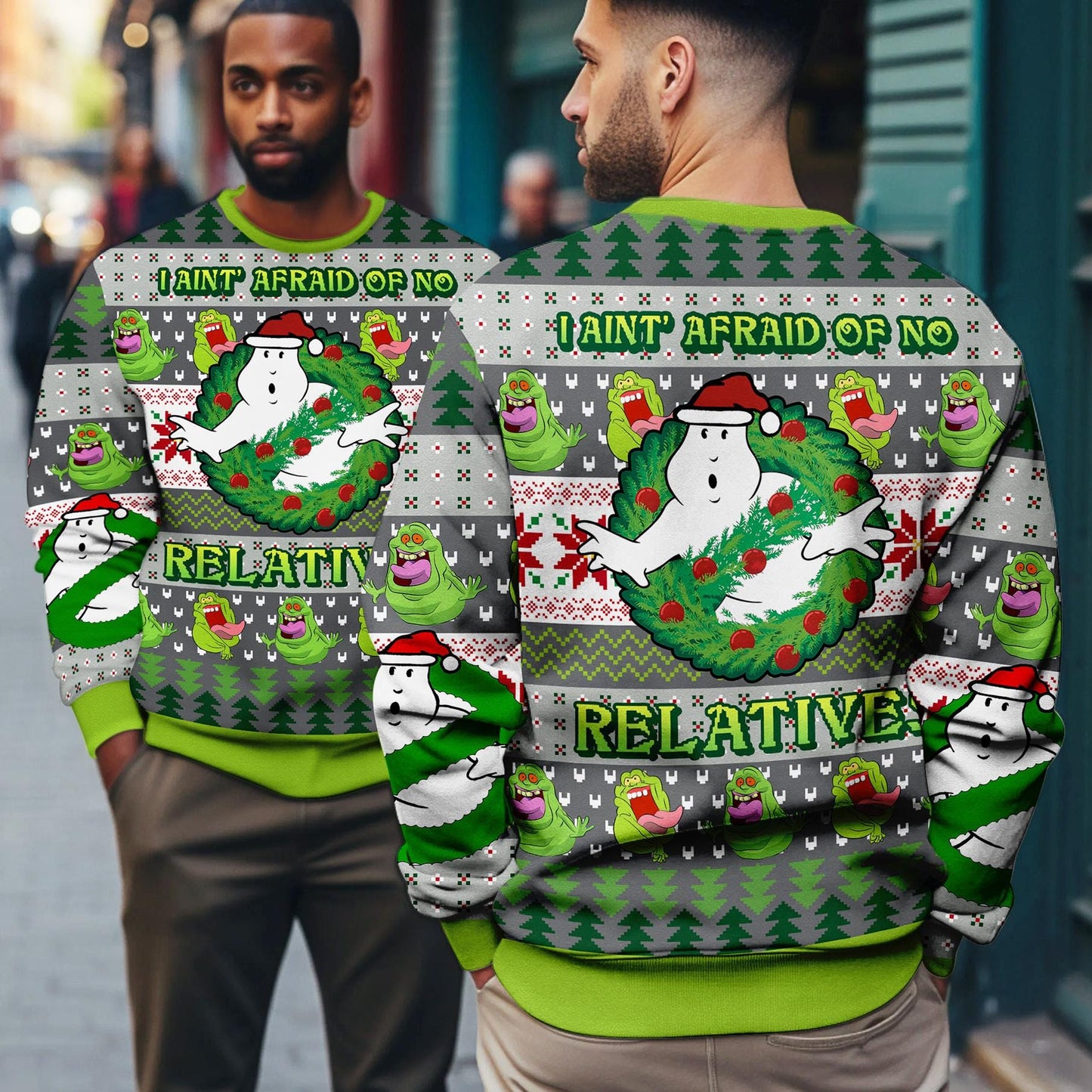 Ghostbusters Ugly Christmas Sweater, I Aint' Afraid Of No Relatives, Slimer Stay Puft Marshmallow Ugly Xmas Sweater, Xmas Holiday Sweatshirt