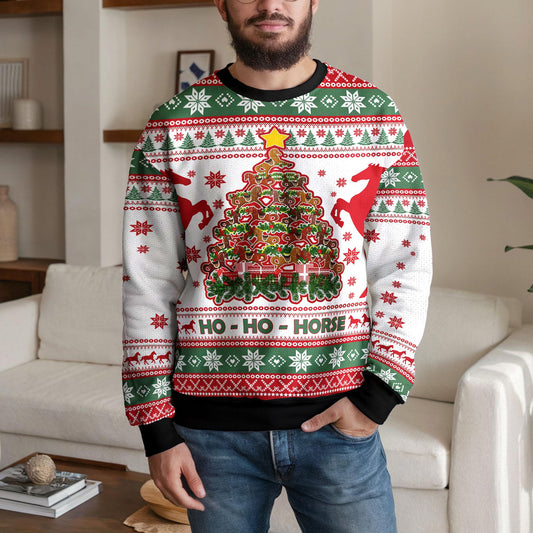 Funny Horse Christmas Tree Ugly Sweater, Funny Ho Ho Horse Holiday Sweatshirt, Equestrian Xmas Jumper Gift for Men Women Kids