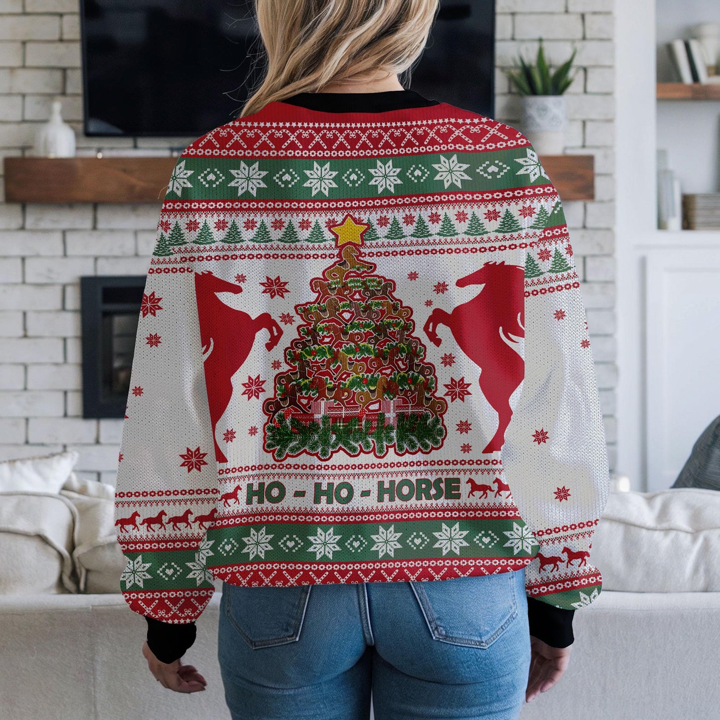 Funny Horse Christmas Tree Ugly Sweater, Funny Ho Ho Horse Holiday Sweatshirt, Equestrian Xmas Jumper Gift for Men Women Kids