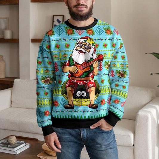 Hawaiian Santa Ugly Christmas Sweater, Funny Tropical Holiday Sweatshirt, Ukulele Christmas Jumper Beach Party Gift For Men Women