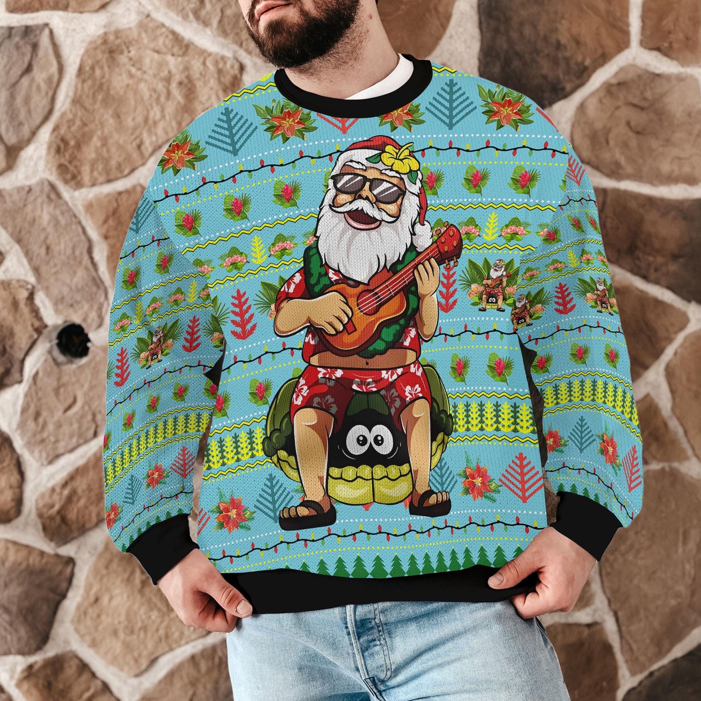 Hawaiian Santa Ugly Christmas Sweater, Funny Tropical Holiday Sweatshirt, Ukulele Christmas Jumper Beach Party Gift For Men Women