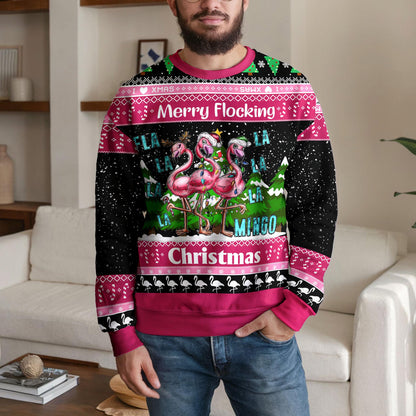 Merry Flocking Flamingo Ugly Christmas Sweater Funny Pink Bird Xmas Jumper Tropical Holiday Sweatshirt Gift For Men Women